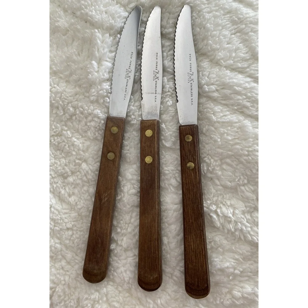 Vintage EKCO Forge Stainless U.S.A. Serrated Steak Knives‎ (3)  Wood Handle
